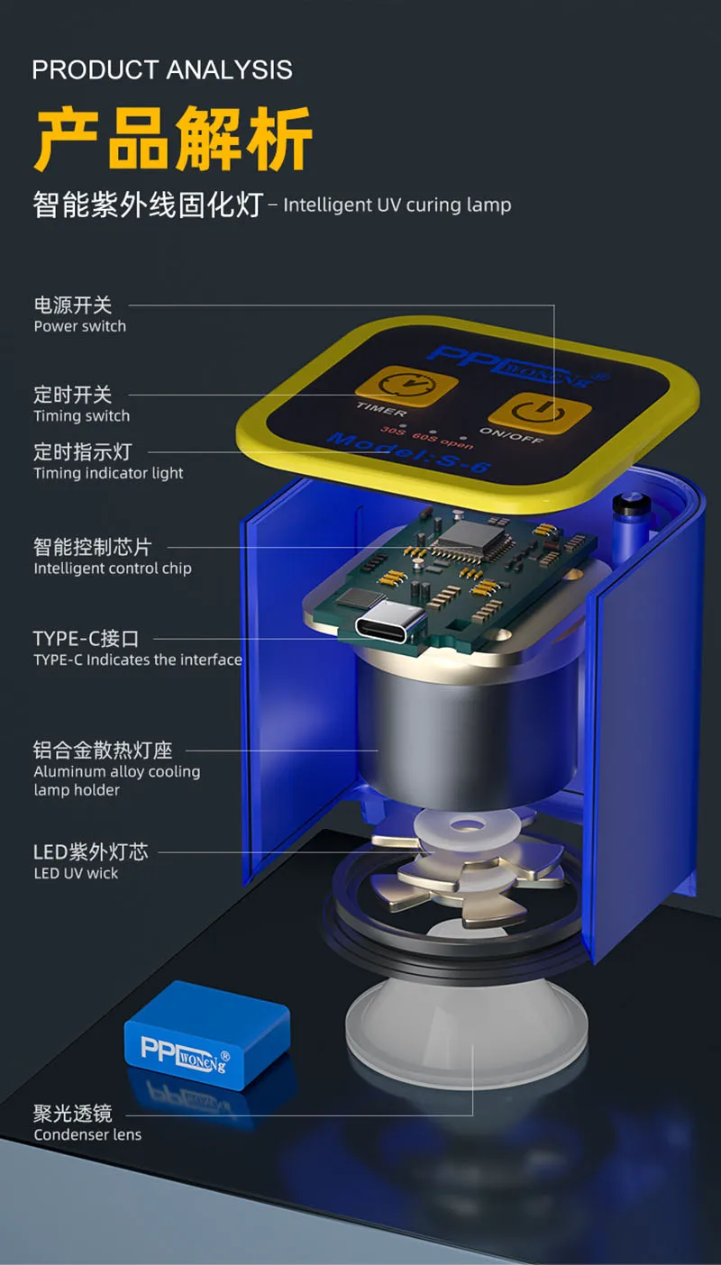 S5c0cf888b5b544169bc0dc62bd8ff4b74 PPD Intelligent High Power UV Glue Fast Curing Lamp Green Oil Shadowless Glue Curing Light With Timing Function For Phone Repair