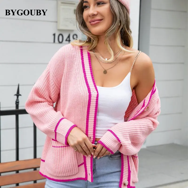 

BYGOUBY Striped Loose Oversized Woman Cardigan Sweater V Neck Sexy Female Jumper Top Autumn Winter Ladies Jumper Coat Outfit