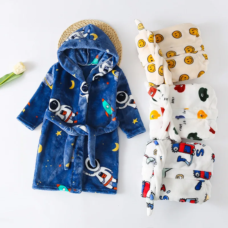 

2024 Spring Winter Children Robe Warm Robe for Kids Cartoon Flannel Hooded Towel Bathrobe For Boys Girls Dressing Gown Nightgown