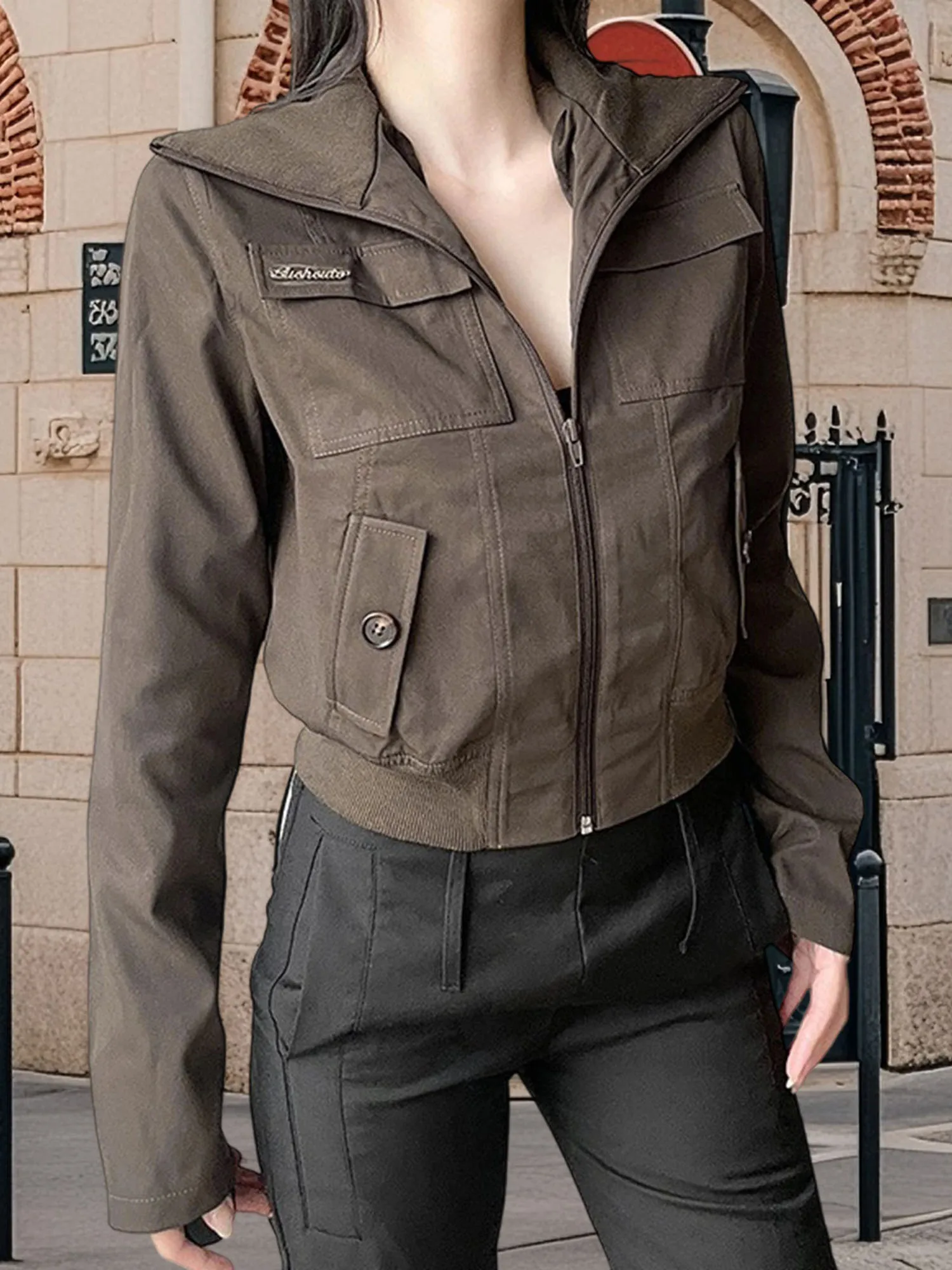 Women s Military Style Utility Jacket with Multiple Pockets and Drawstring Waist Casual Long Sleeve Zip Up Coat