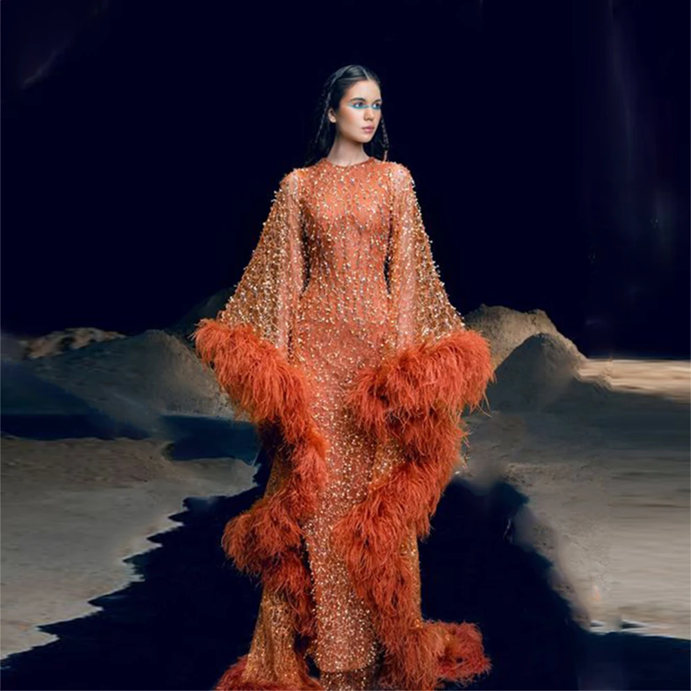 

Luxury Saudi Arabia Evening Gowns Orange Beaded Feather Long Sleeves Prom Dresses Women Formal Occasion Party Dress