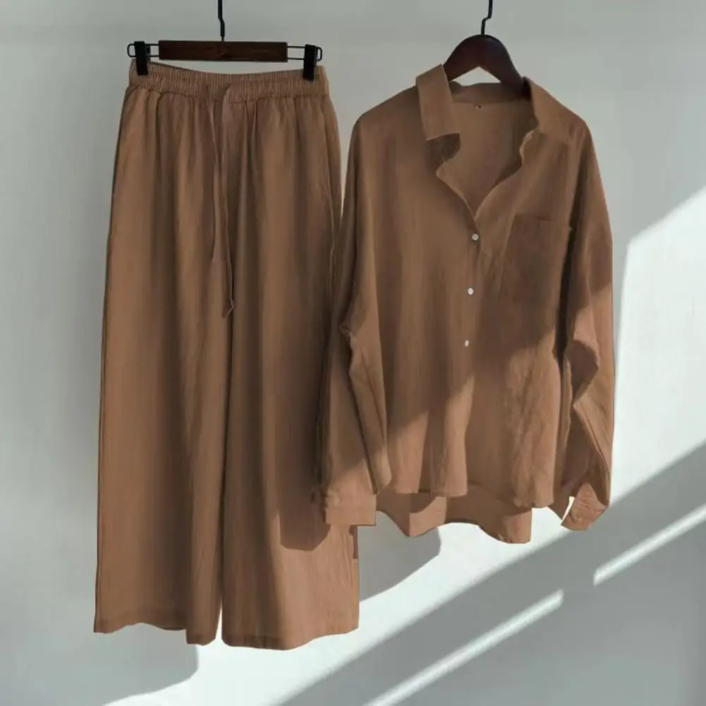 

Thin 2 Pcs/Set Trendy Loose Type High Waist Fall Blouse Trousers Suit Solid Color Women Outfit Set Pockets Daily Clothes