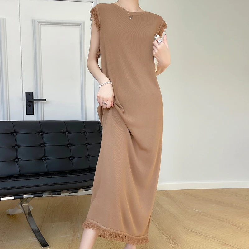 

Summer Cool Silk Sleeveless Dresses Women O Neck Fringed Fringe Casual Knit Dress Loose Plus Size Party Vestidos Long Dress