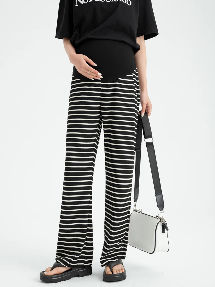 

Black White Striped Pregnant Woman Summer Wide Legs Trousers High Waist Long Loose Maternity Belly Pants Casual Pregnancy Pants