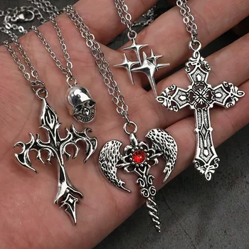 Y2K Gothic Punk Necklace For Men Women Vintage Cross Skull Star Pendant Hip Hop Streetwear Jewelry Daily Gift 1