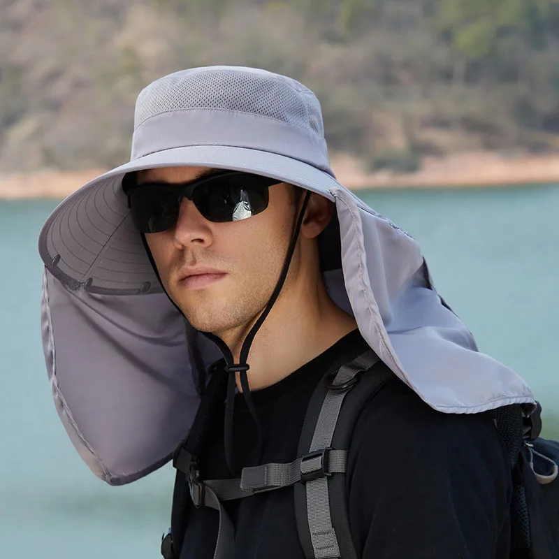 

Men Long Wide Brim Bucket Hats Summer Sun Neck Protection Fsiherman Cap Breathable Mesh Hiking Fishing Hat Male Shawl Panama Cap