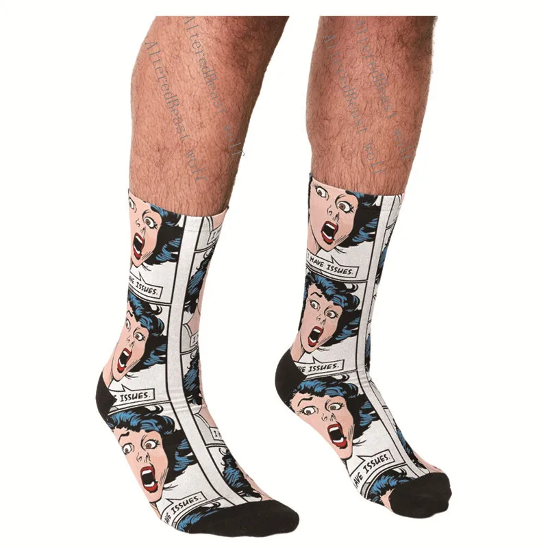

Men's Funny socks Comic Girl I Have Issues Feminist Vintage Pop Art Girl Funny Quote Socks harajuku Men Novelty Socks for men