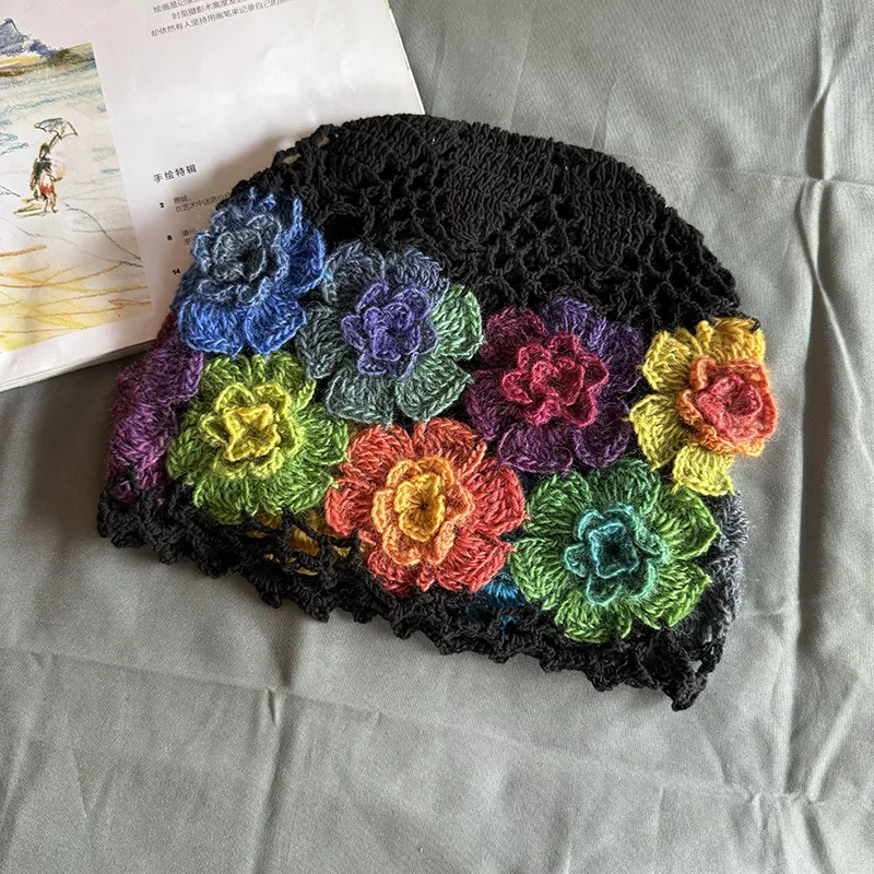 Baotou-Kappe, japanischer Frühling, literarisch, künstlerisch, bunte Blume, hohle Tasche, Kopf, Hut, Damen, süße Mode, handgehäkelt, Beanie-Kappe – Detail 9