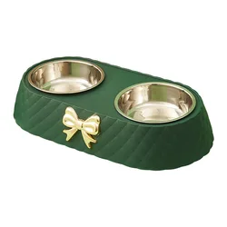 Elegant Double Pet Bowl Set with Stainless Steel and Bowtie Design (Green)