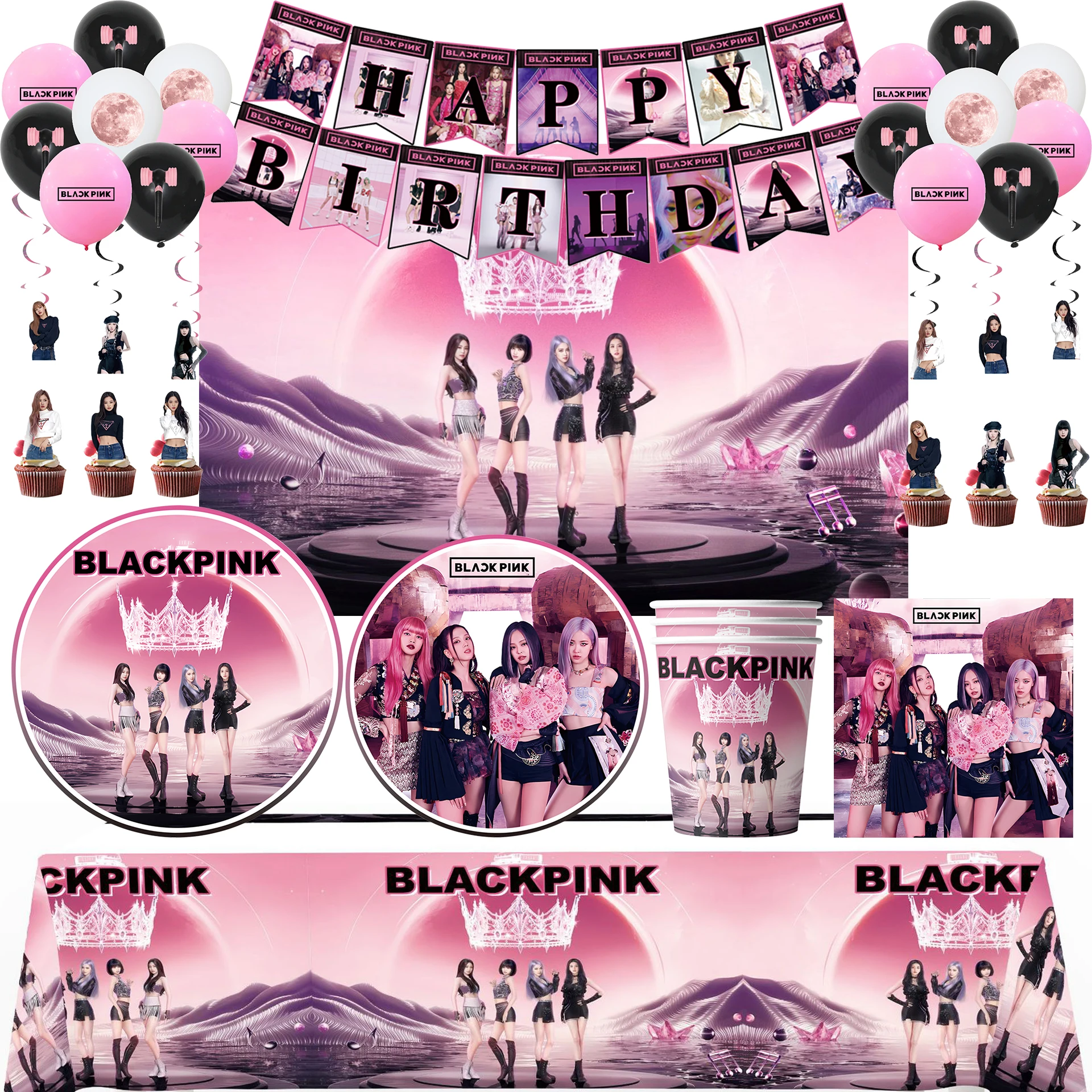 

Black-Pink Women's Team Event Theme Birthday Party Decoration Supplies Disposable Tableware Balloon Baby Shower Girl Gift