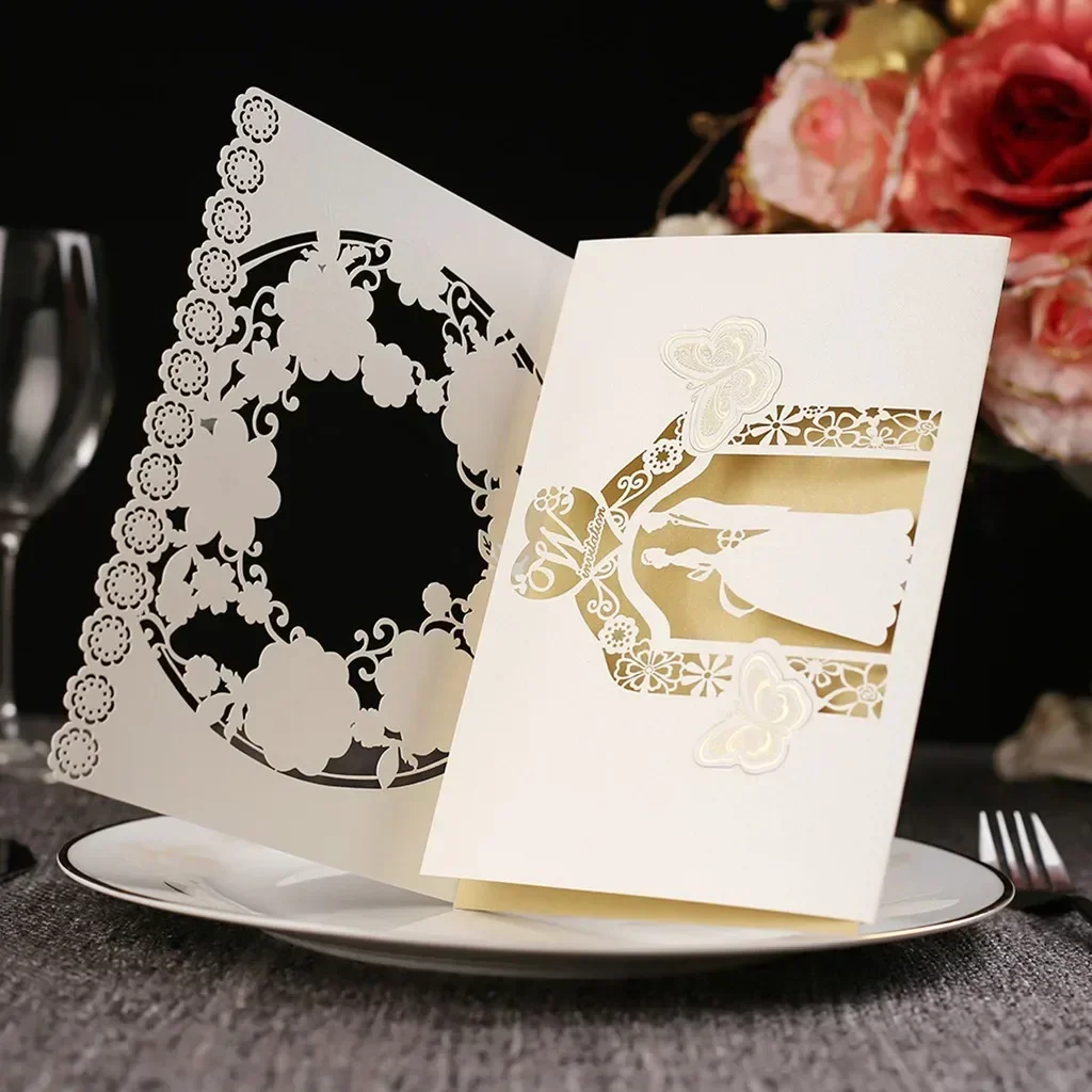 Wedding Invitation Cards 10pcs/pack Flower Bride Groom Hollow Out 250gsm Shiny Pearl Paper Card Holders greeting cards