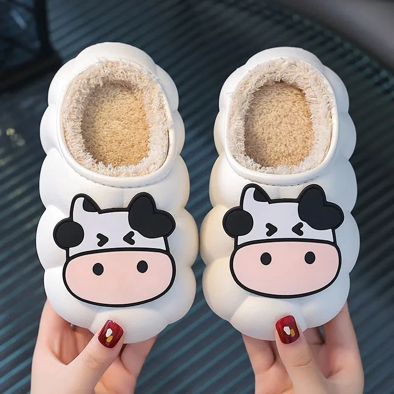 

White Cow Babi Slippers Children Winter Fur Flip flops Funny Cartoon Kids Shoes for Girl Boy Waterproof Indoor Fluffy Slippers