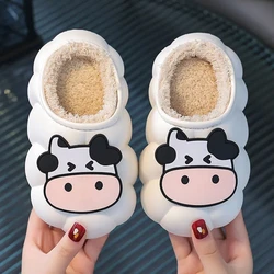 White Cow Babi Slippers Children Winter Fur Flip flops Funny Cartoon Kids Shoes for Girl Boy Waterproof Indoor Fluffy Slippers