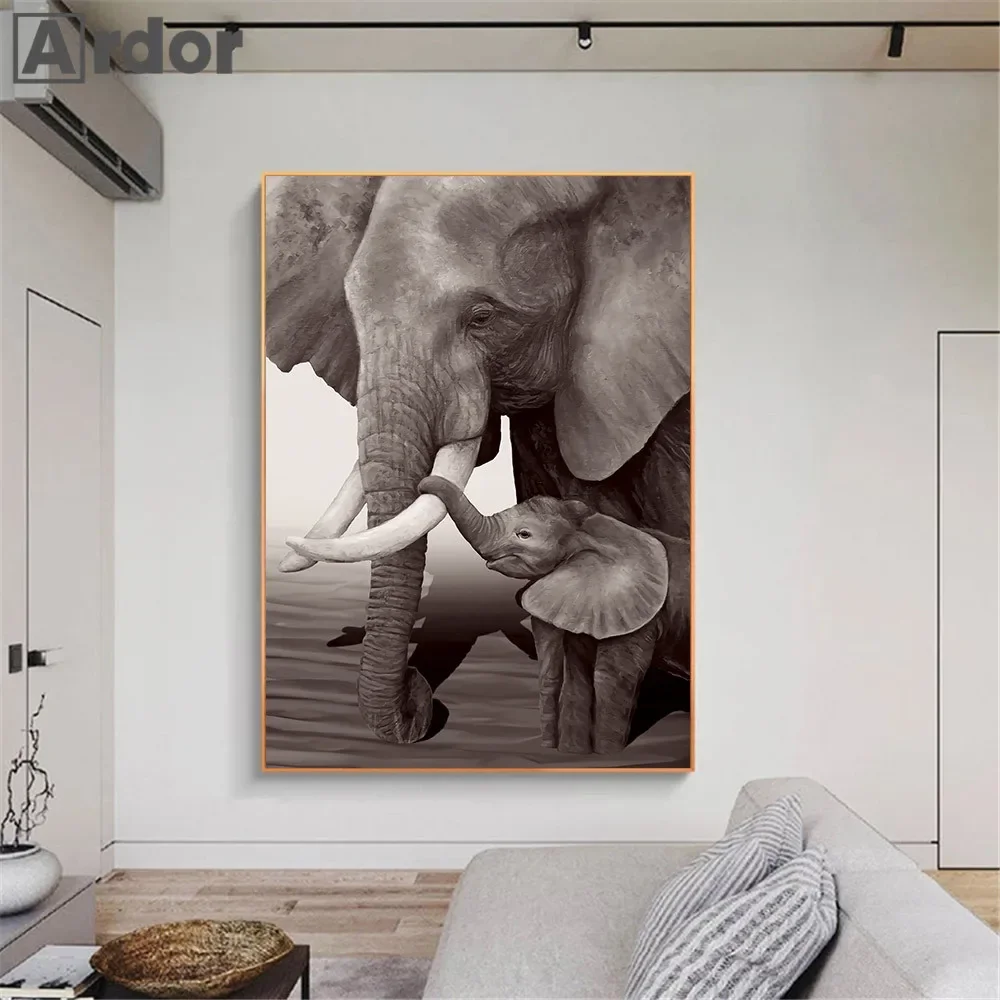

Nature Animal Wall Art Canvas Painting Mother And Child Elephant Posters and Prints Nordic Wall Pictures Living Room Decoration