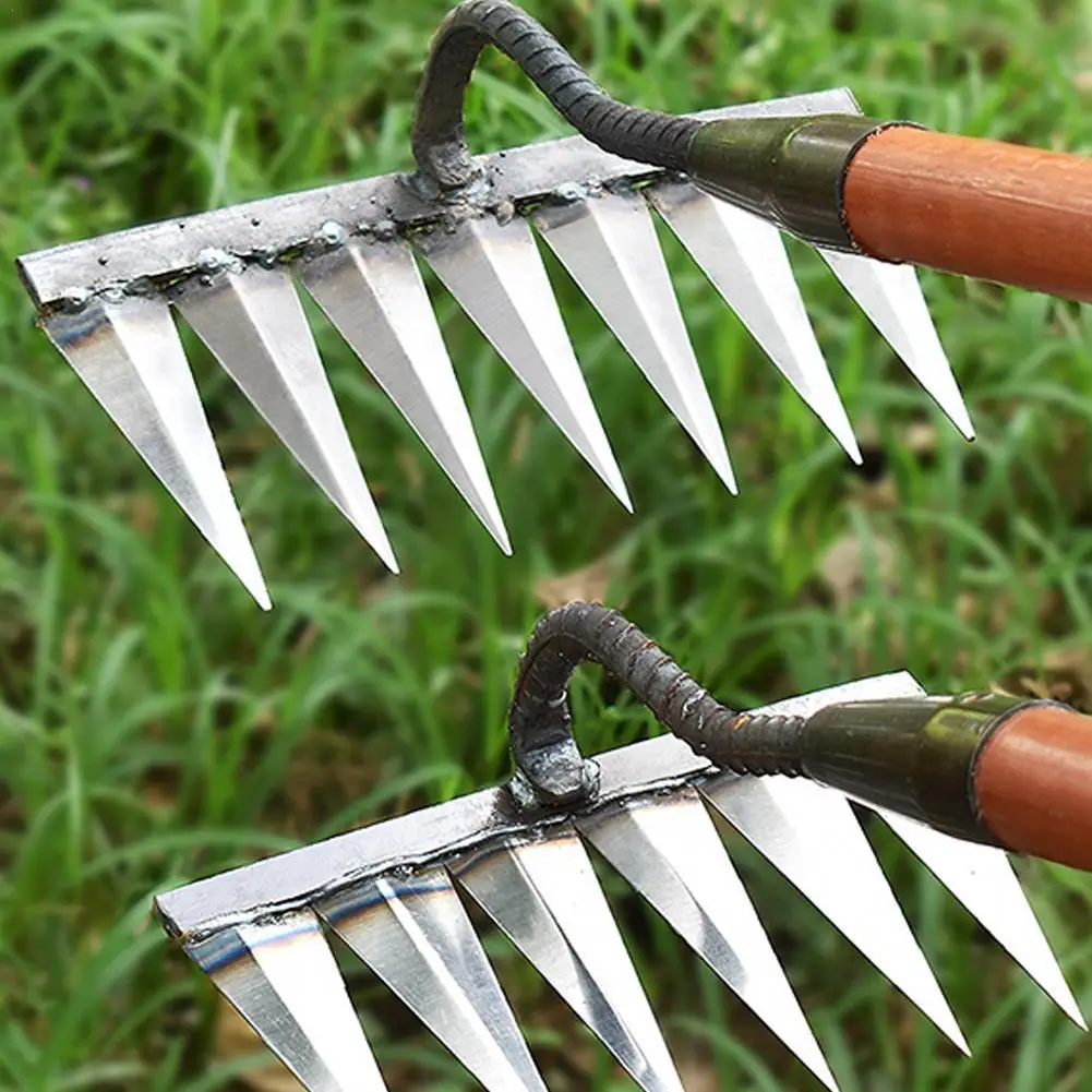 Garden Hoe Weeder Cultivator Mowing Tool Gardening Hoe Weeding Rake Steel Farm Tool Grasping Raking Level Loosen Soil Harrow Clean Leaves Collect Weeds Agricultural Tool