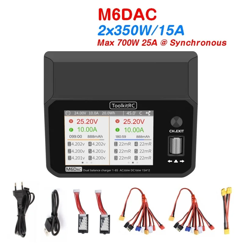 

Top M6dac Dual Channel Smart Lipo Battery Charger Discharger AC 200W DC 350WX2 15A for 1-6S LiHV Lipo Battery PD 65W