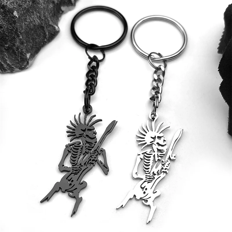 Dark Gothic Schädel Skelett Spielen Gitarre Schlüsselring Für Frauen Männer Edelstahl Silber Farbe Hohl Punk Schlüsselanhänger Schmuck Geschenke