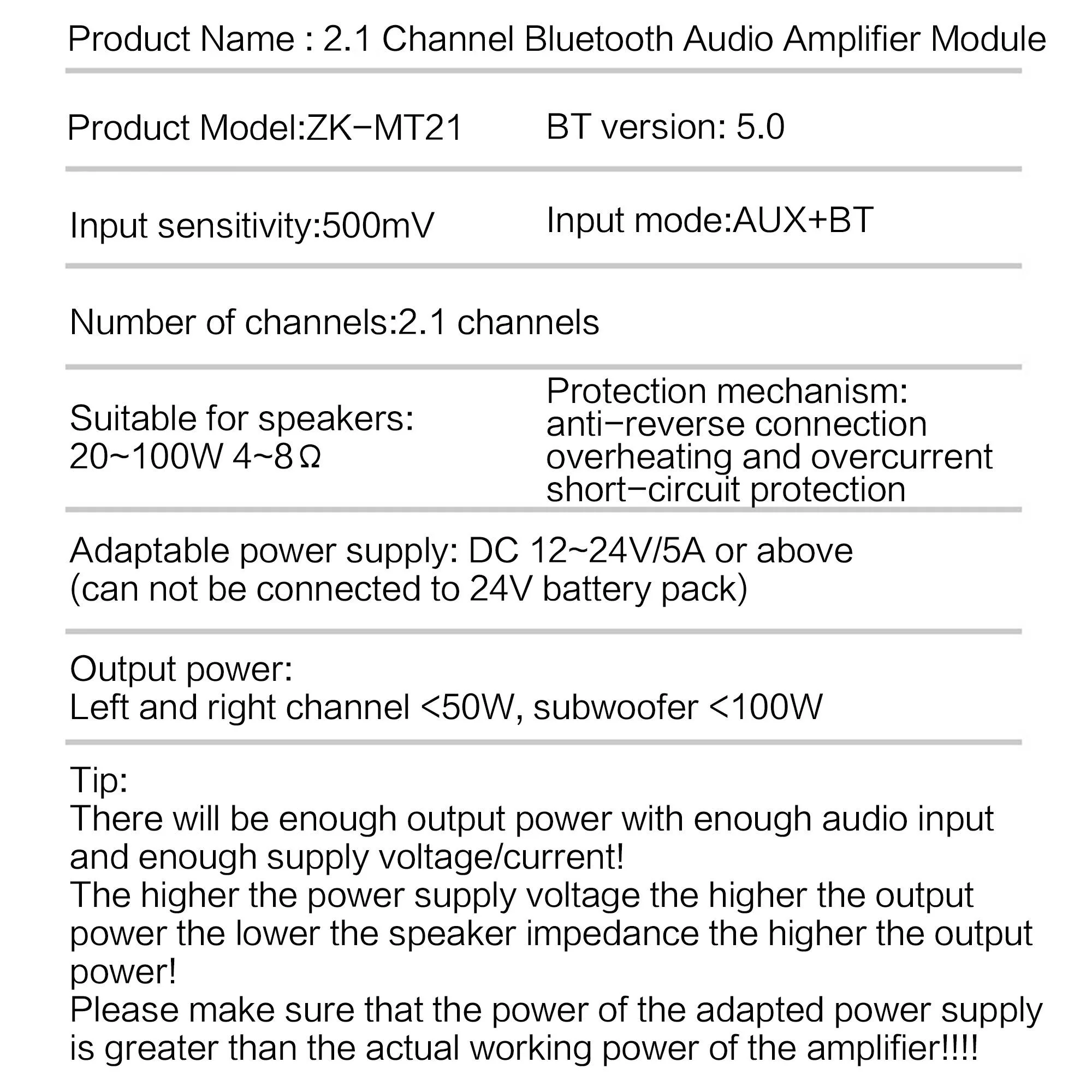 블루투스 2.1 채널 파워 앰프 50W 100W 서브우퍼 오디오 모듈 (DIY 홈시어터용, 저음/고음 조절 기능 포함)