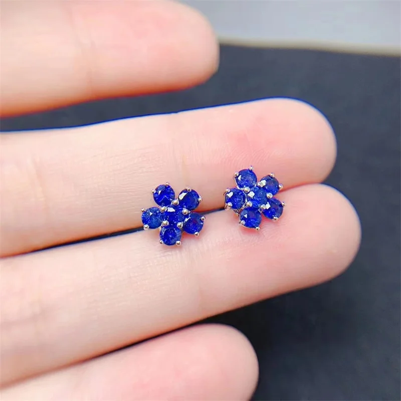 

Natural Sri Lankan Sapphire Stud Earrings Classic Small Flower 925 Silver Engagement Earrings for Women with Certificate