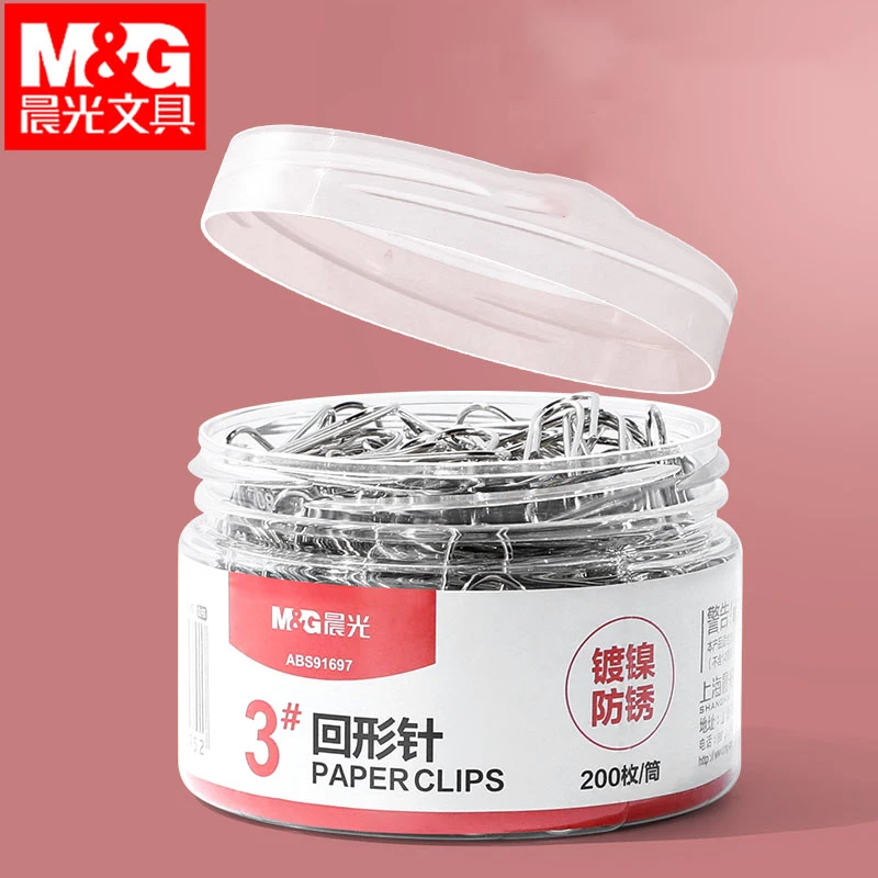 M&G 200-Piece Metal Silver Paper Clips Bucket Set Office Stainless Steel Bookmarks with Storage Box for School And Office Suppli