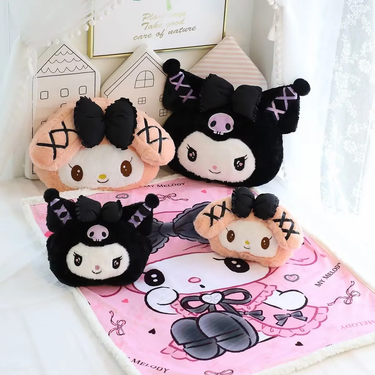 Kawaii Sanrio Black Kuromi Peluches Doll Melody Sofa Cushion Little Demon  Car Kuromi Pillow Blanket Kid Gift