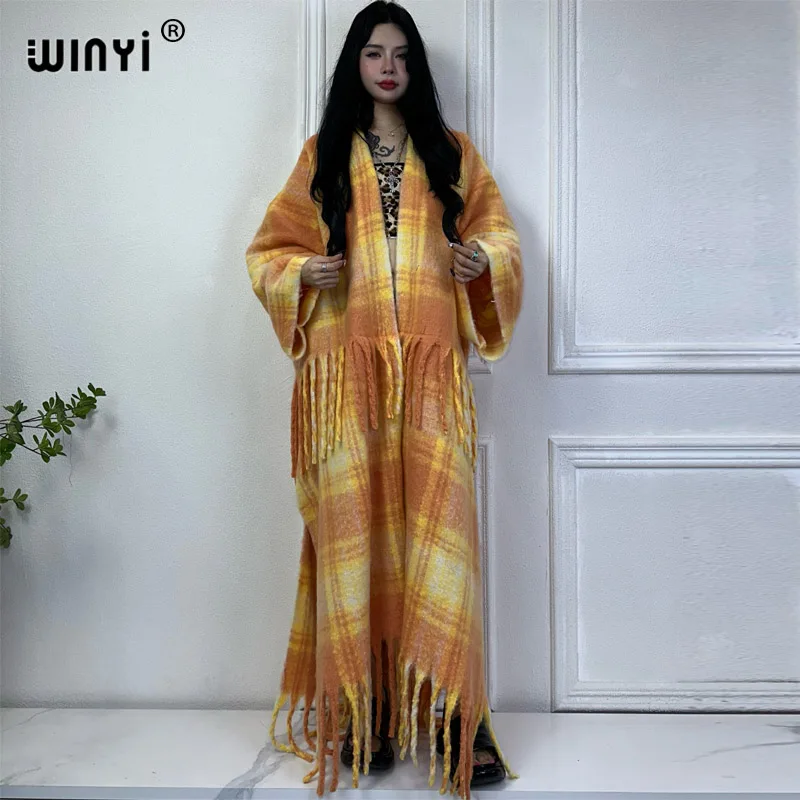 

2024 WINYI Africa Plaid print Winter cardigan fashion kimono holiday dress Thick Warm Female abaya winter outfits for women coat