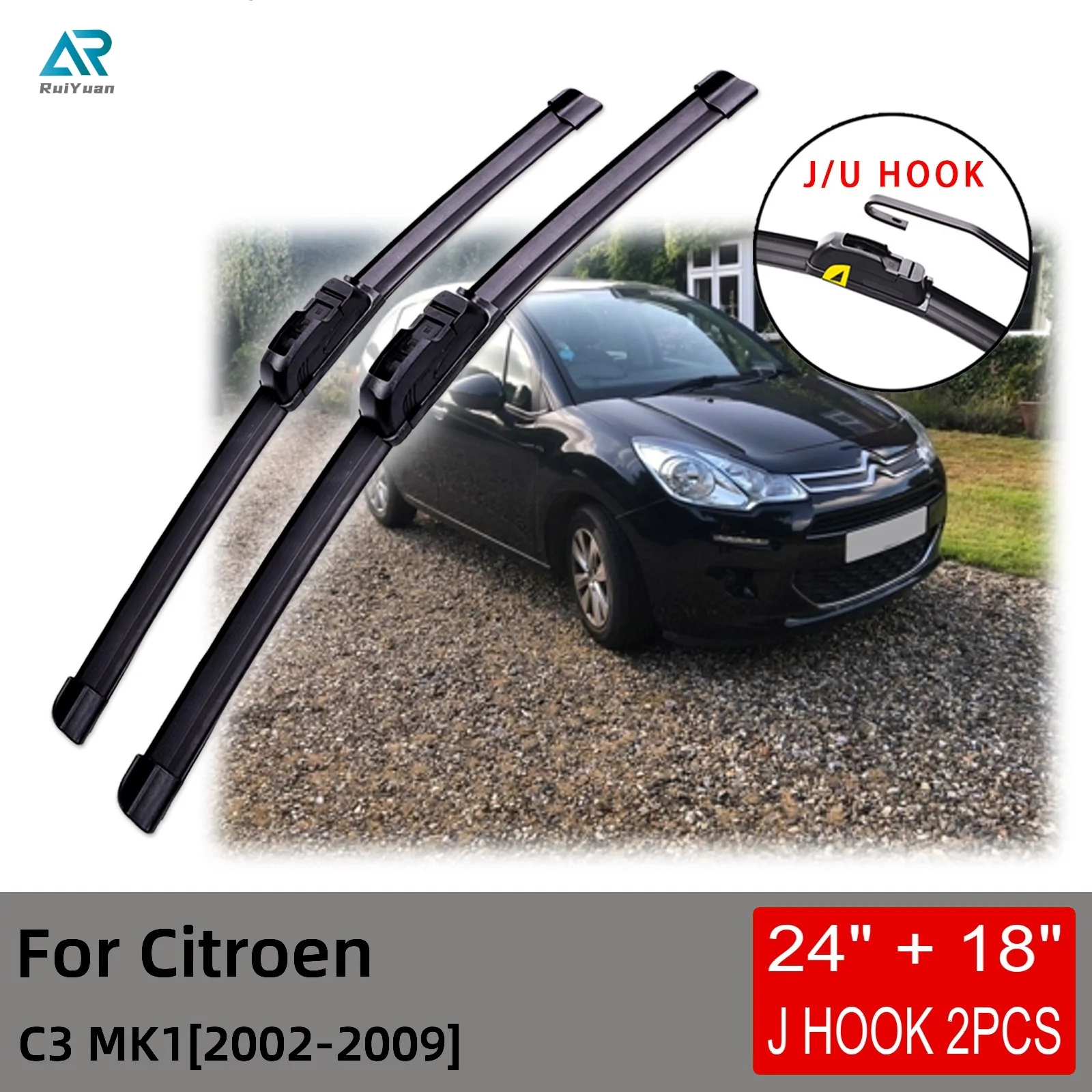 

For Citroen C3 MK1 2002 2003 2004 2005 2006 2007 2008 2009 Front Wiper Blades Brushes Cutter Accessories U J Hook