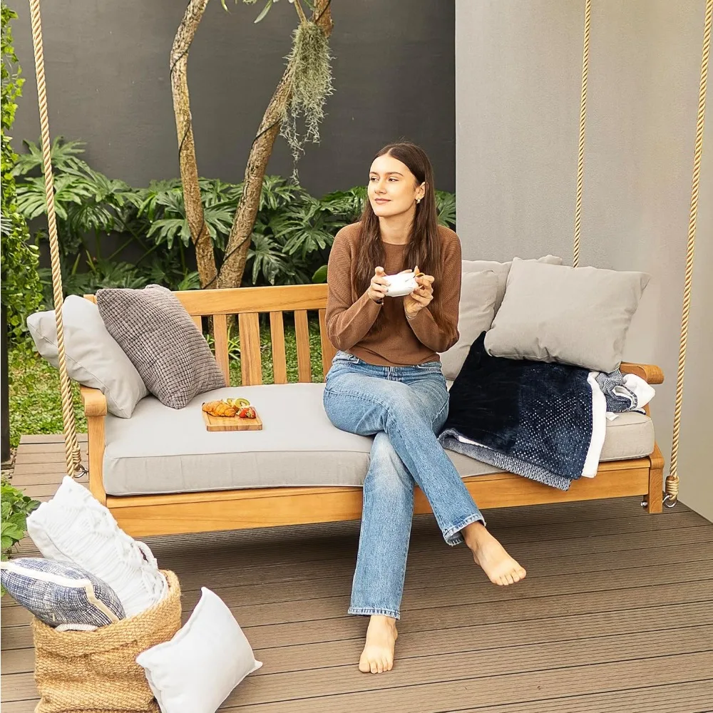 Teak Wood Porch Swing Bed, Spacious Outdoor Swing Daybed with Comfortable Oyster Cushion – Ideal for Patio, Porch, or Backyard 3