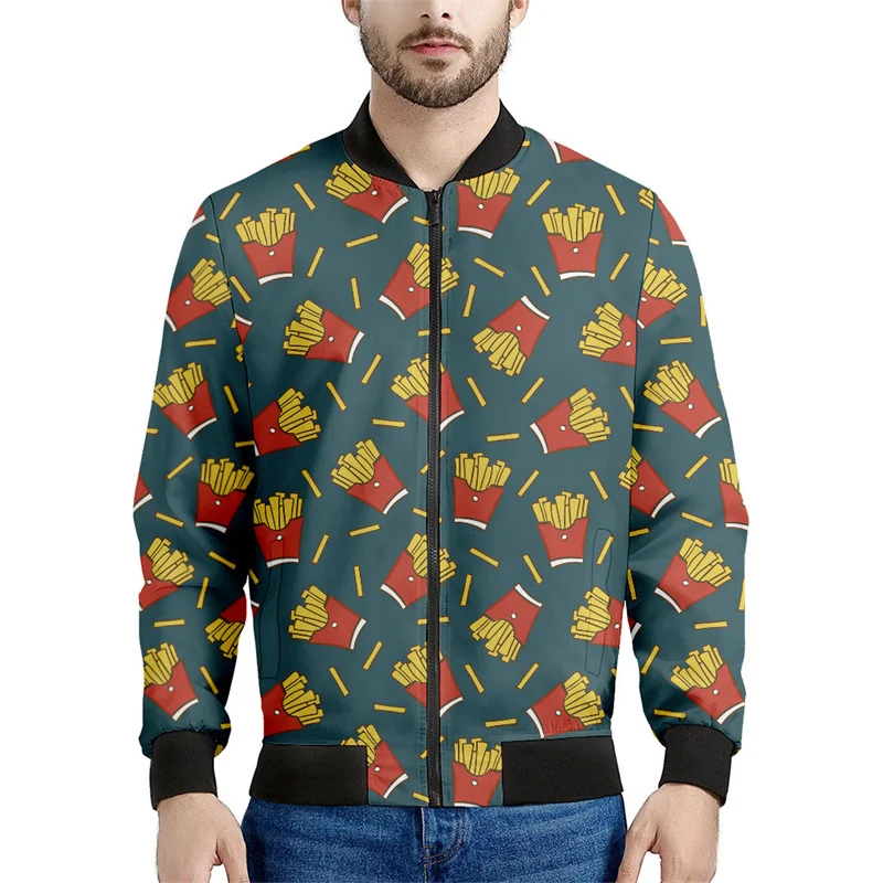 thumbnail image 1 of Chaqueta bomber con estampado de dibujos animados de patatas fritas para hombre, sudadera de manga larga en 3D, chaqueta bomber de calle de gran tamaño con cremallera, 1 of 5