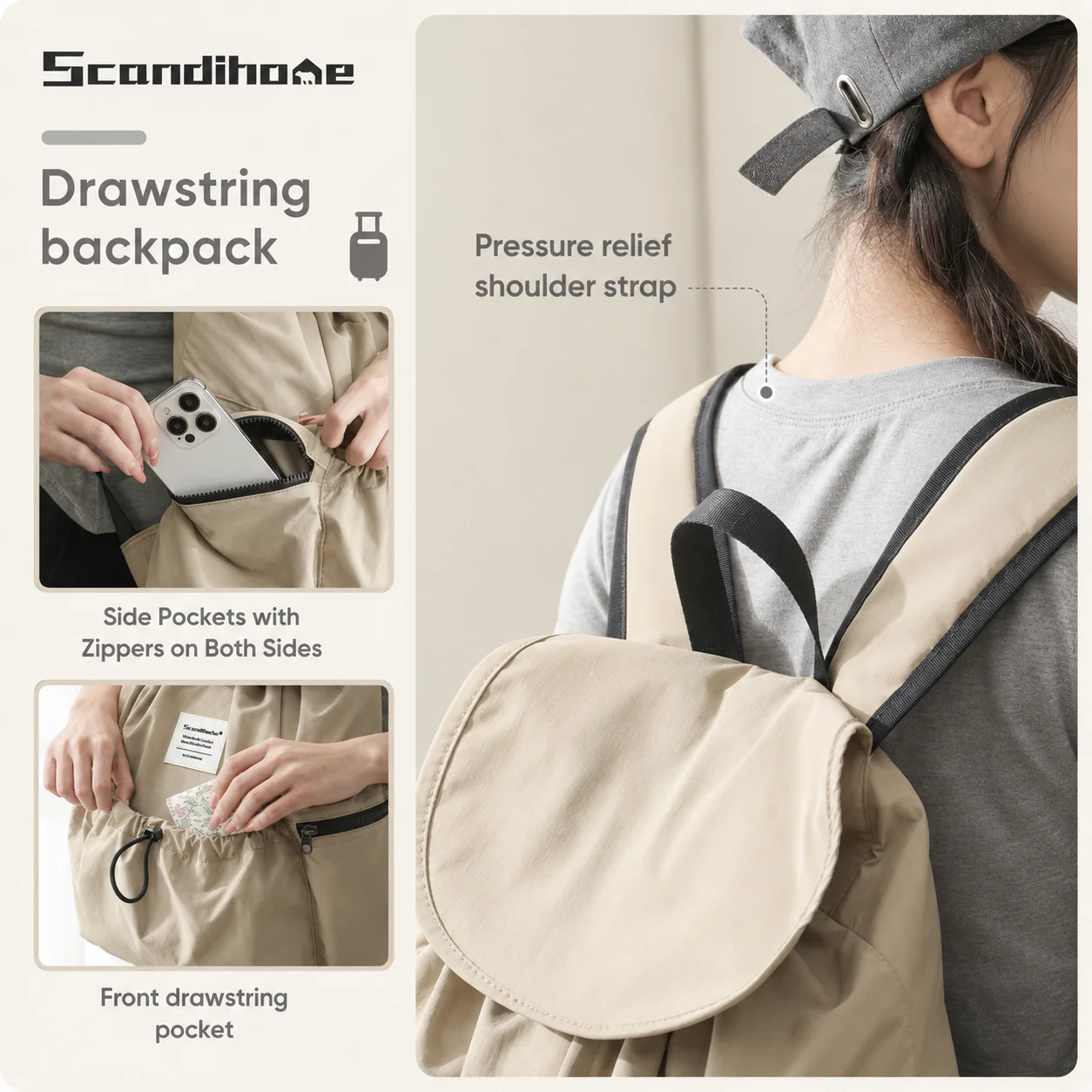 Grand sac à dos imperméable en nylon avec cordon de serrage pour hommes et femmes