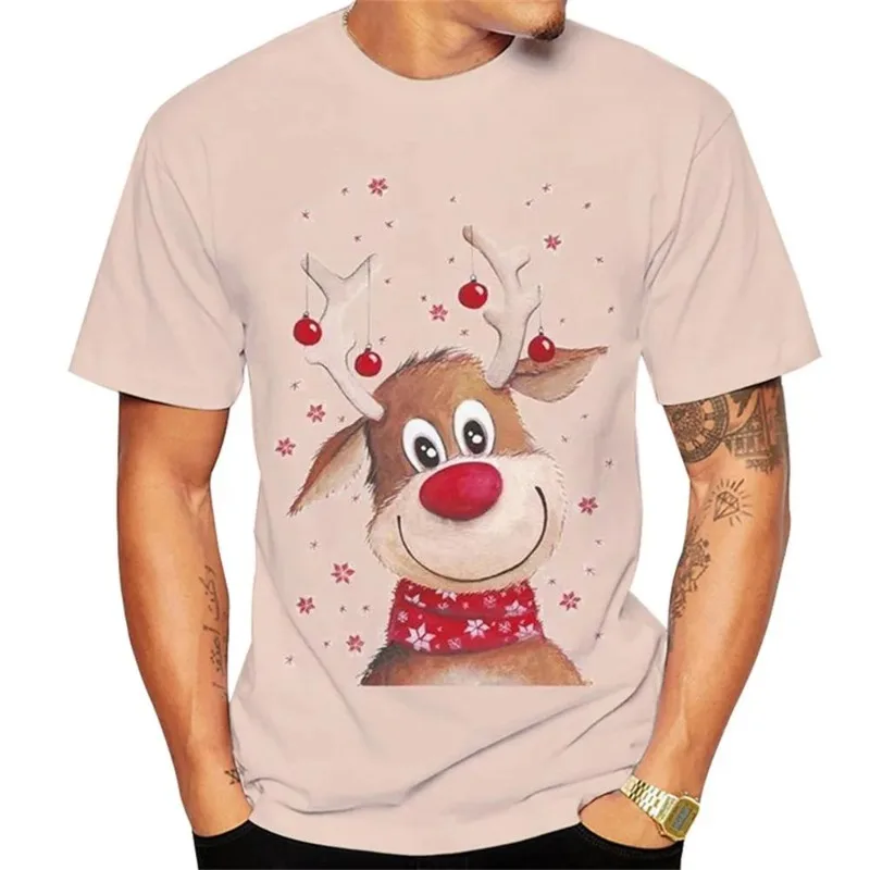 

Christmas Elk Print Oversized T Shirt For Men X'mas Harajuku Streetwear Fashion O-neck Short Sleeve Tops New Year Gift T-shirts