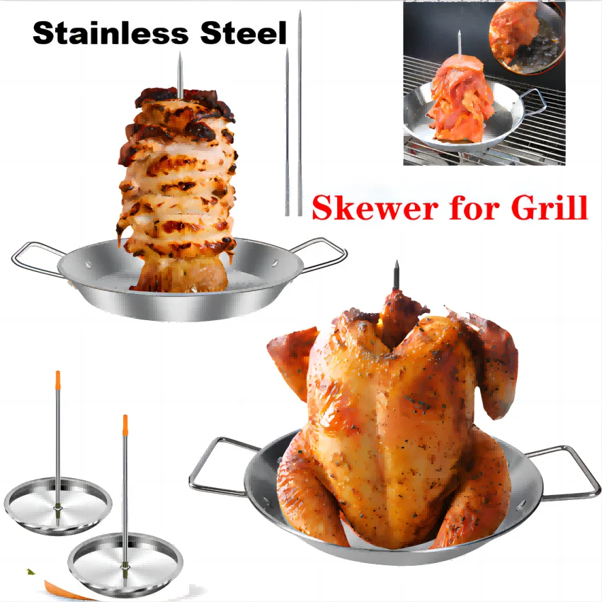 Vertical Meat Skewer Stainless Steel BBQ Vertical Skewer Grill Barbecue Rack Stand for Whole Chicken Fish Sausage Steak
