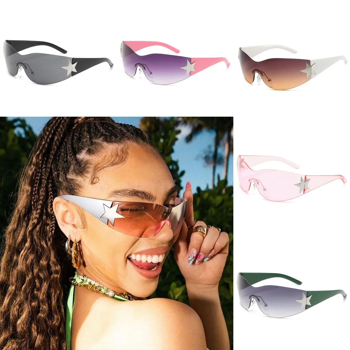 

Fashion Vintage Punk Y2K Sunglasses for Women Men Trendy Wrap Around Sun Glasses Shades Star Decoration Eyewear UV400 Goggles