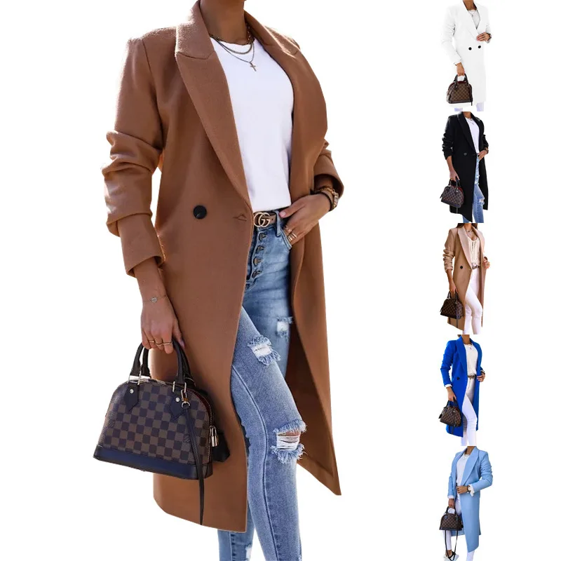 

2023 New European and American Autumn and Winter Simple Split Woolen Coat Long Sleeve Polo Neck Fashion Outwear Female Clothing