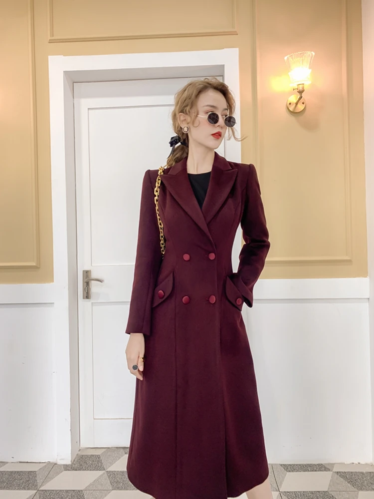 

Long Woolen Coat 2022 New Women's Autumn And Winter Wine Red Slim Temperament Australian Wool Ladies Cashmere Overcoats