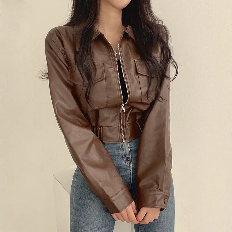 Cropped Women's Leather Jacket Spring Autumn 2024 New Fashion Cardigan Coat Tops Casual PU Leather Motorcycle Jackets mujer