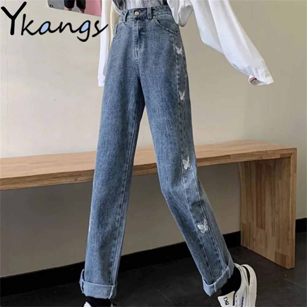 

Casual Slim Wide-Leg Denim Pants Streetwear Woman Gothic Butterfly Embroidered Trousers Harajuku High Waist Loose Straight Jeans