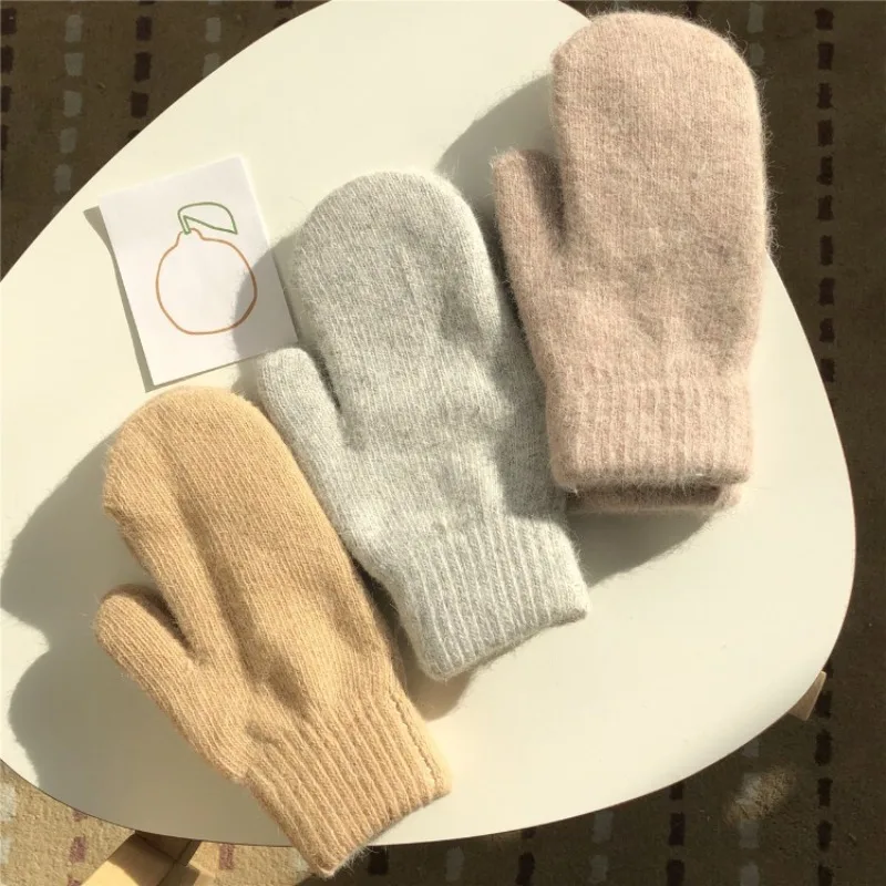 Double-layer Rabbit Hair Gloves Female Winter Cold Korean Version of Solid Color All Fingers Winter Women Gloves Girls Mittens