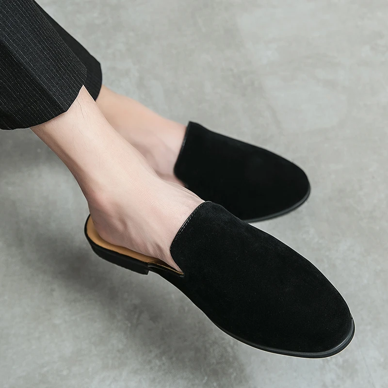 Half Shoes For Men Mules 2022 Suede Leather Italian Slip On Flat Summer Mens Casual Shoes Breathable Loafers Slippers Man Slides 2