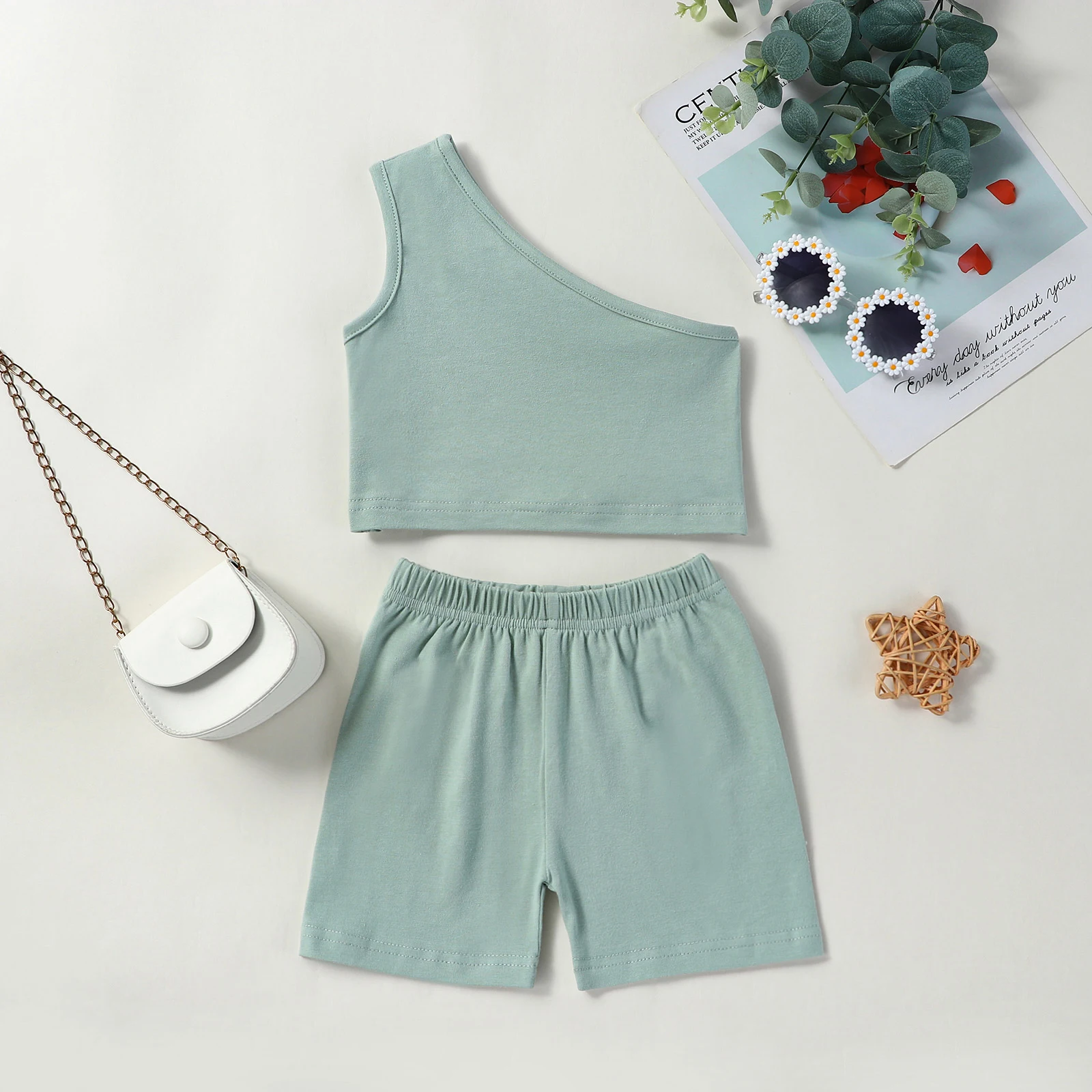 New Fashion 2PCS Baby Girls Summer Outfits One Shoulder Sleeveless Tank Tops + Shorts Set Toddler Clothes 6 Months-4 Years