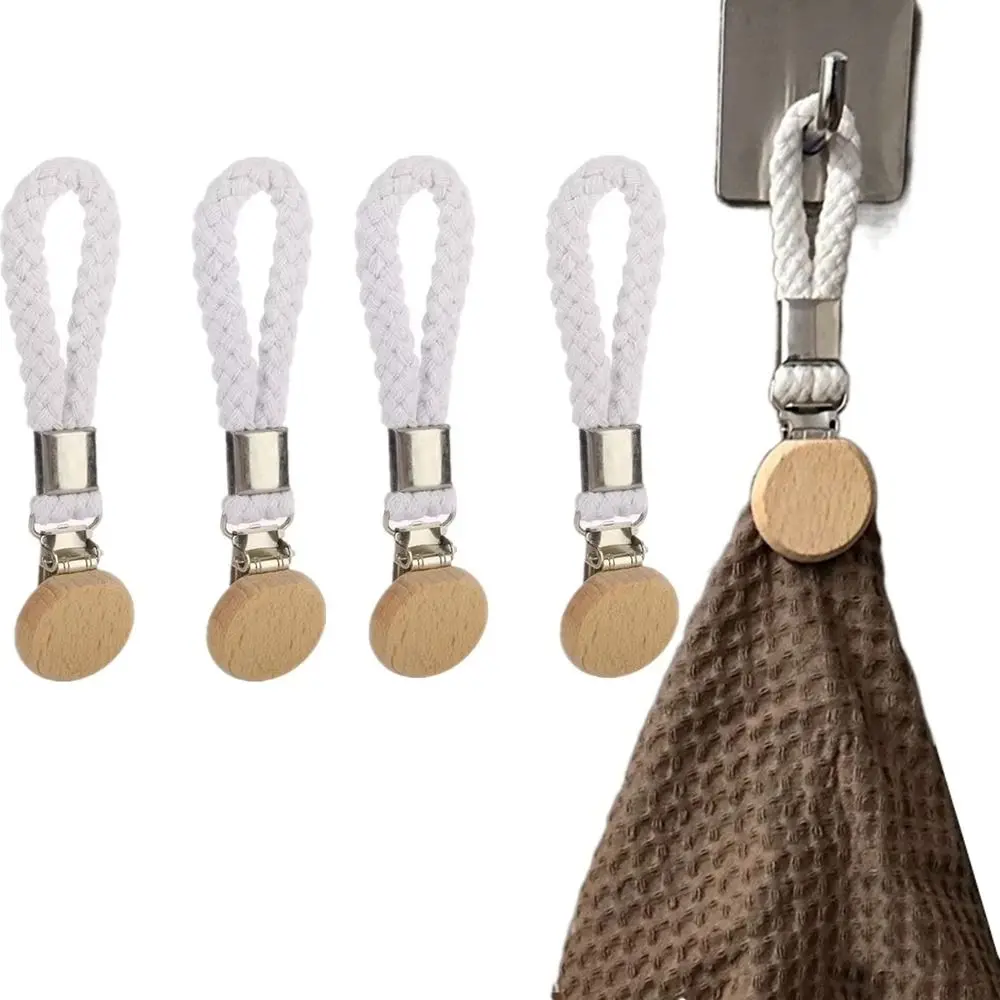 4Pcs Braided Towel Hanging Clips Wear-resistant Space Saving Small Woven Rope Clamps Convenient Cotton Loop Hand Towel Hanger 4