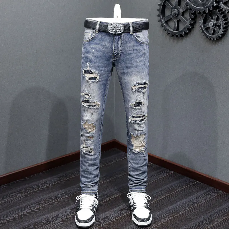 Street Fashion Men Jeans Retro Blue Stretch Skinny Fit Hole Painted Ripped Jeans Men Bead Patched Designer Hip Hop Brand Pants