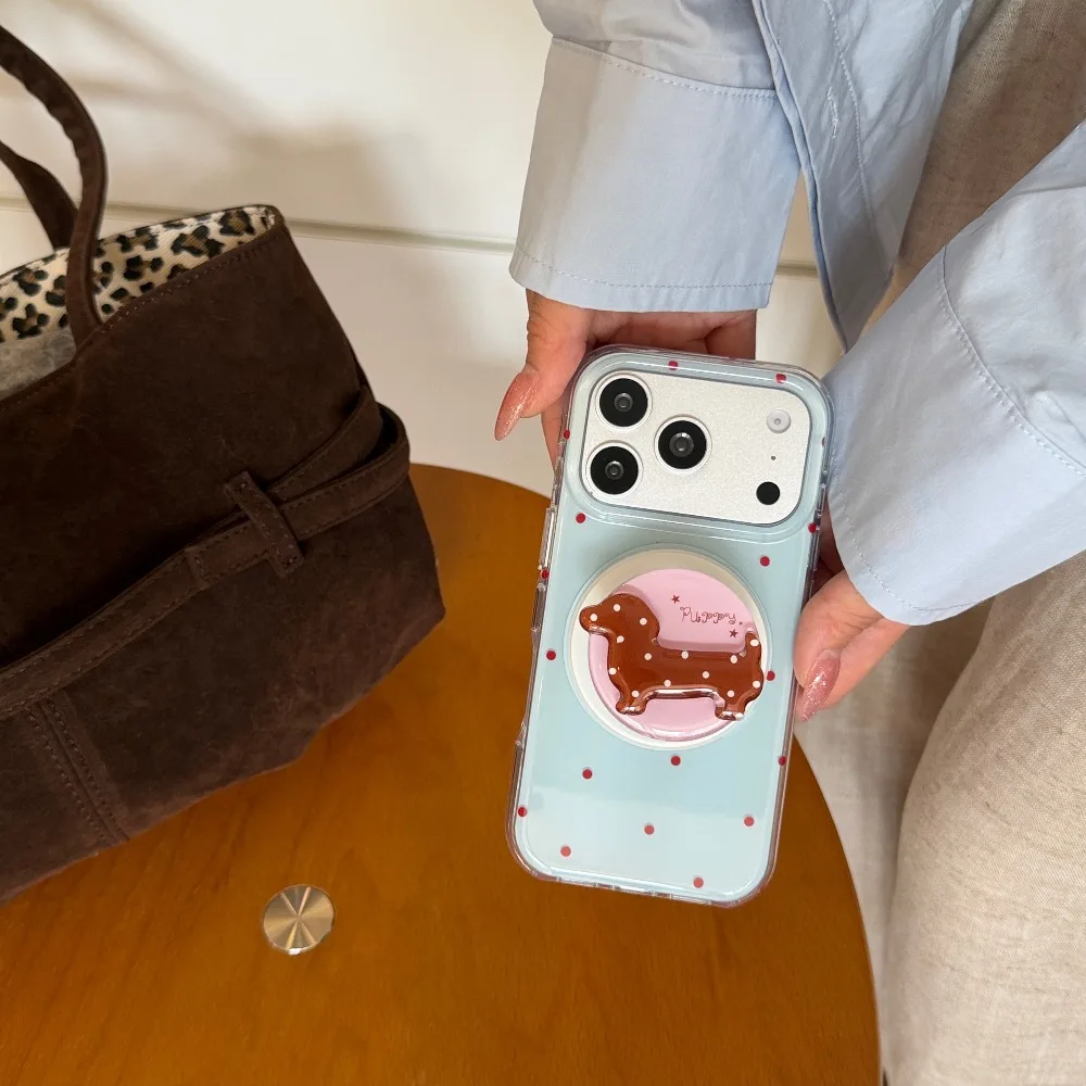 Light Blue & Red Polka Dot Magnetic Phone Case with 3D Dachshund Pop Socket & Shockproof Cover