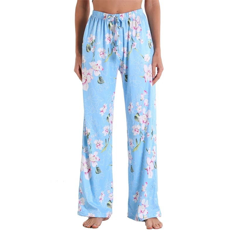 Women's Cotton Straight Tube Pajama Pants Home Casual Running Sports Pocket Elastic Pants Fashion Loose Strap Printed Trousers