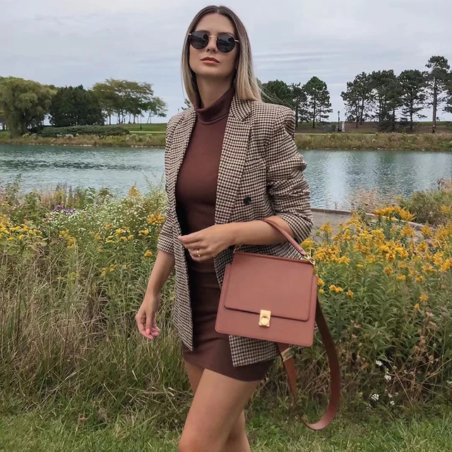 Autumn Spring New Plaid Blazer Jacket Women Office Lady 5 Color Double Breasted Notched Collar Coat Ladies Outerwear Stylish 6