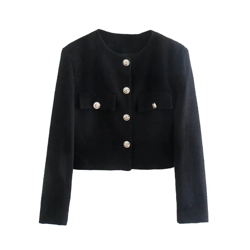 2022 Tweed Women Black Vintage Office Lady Single Breasted Blazer Female Casual Slim Short Blazer Coats Tweed Jacket Black Tops