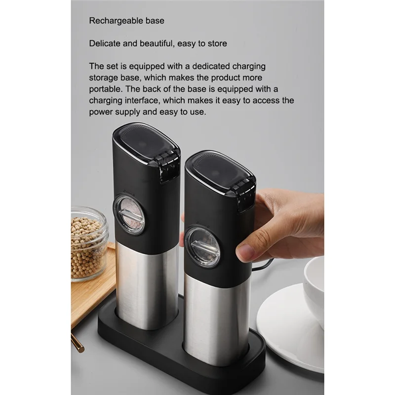 

2Pcs Electric Salt and Pepper Grinder Mill Rechargeable USB Gravity Pepper Mill Adjustable Grind Coarseness Salt Shaker