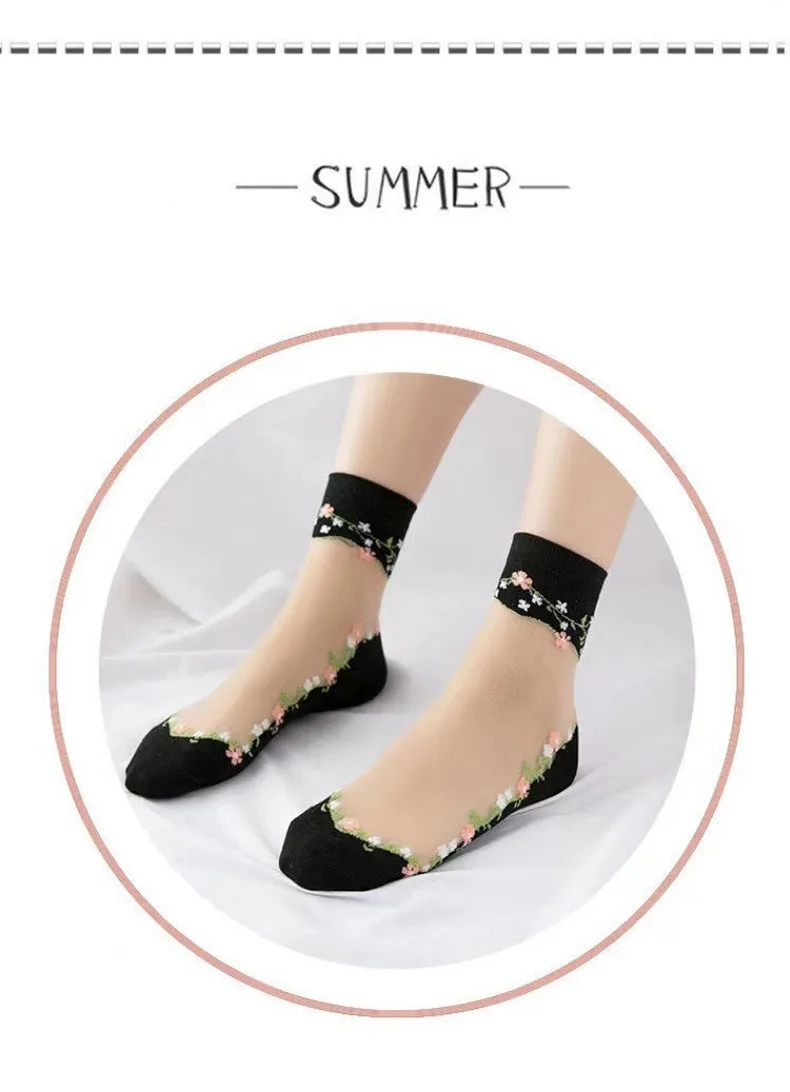 5Pairs Frauen Sommer Transparente Dünne Socken Set Weibliche Dame Floral Atmungsaktive Mädchen Seide Kurze Socken Für Frauen Großhandel – Detail 3