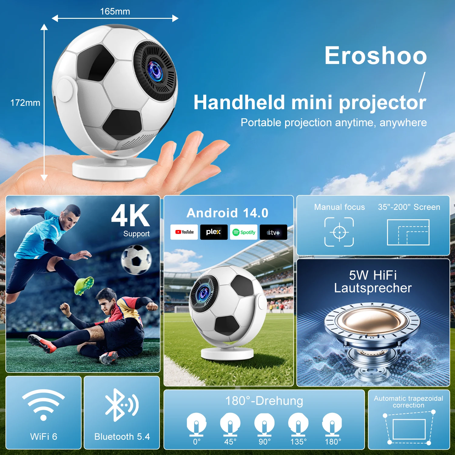 살랑에 2026 축구 테마 미니 프로젝터, WiFi6 안드로이드14 BT5.4, 자동 키스톤 보정, 홈시어터용 미니 휴대용 프로젝터 HY300F