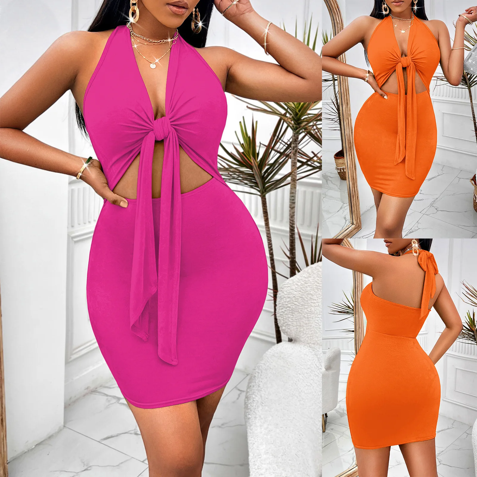 

2023 Womens Dresses Solid Color Short Dresses Lace-up Women's Dress Sexy Sleeveless Home Party Dress Slim Dress for Women
